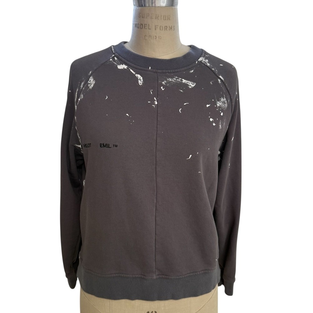 HELIOT EMIL Sweatshirt Mens S Dark Gray Distressed Paint Splatter Crewneck